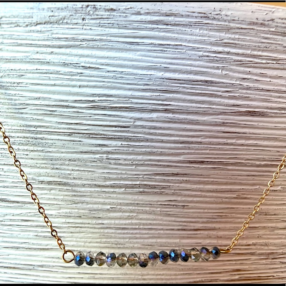 Gold Tiny Labradorite Blue Flash Bead Bar Necklace - Picture 4 of 5
